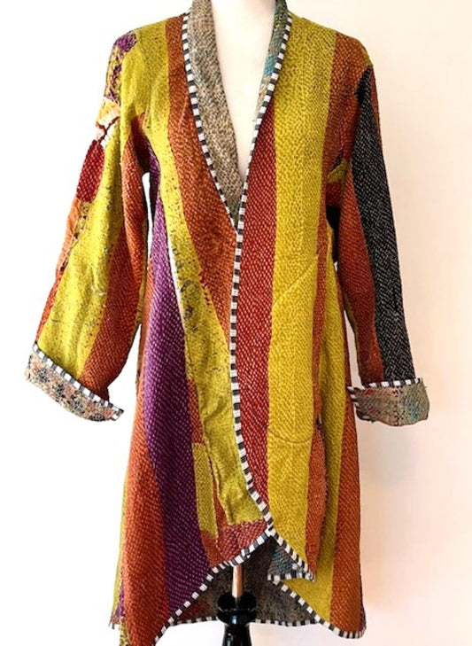 Specialty Collection: Mid Length Designer Jacket Is New and Fully Reversible. Kantha Stitching In Bold Stripes