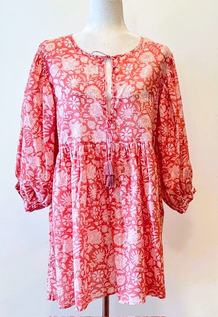 Floral Block Print Cotton Dress Looks Crisp in Shades of Pink and White