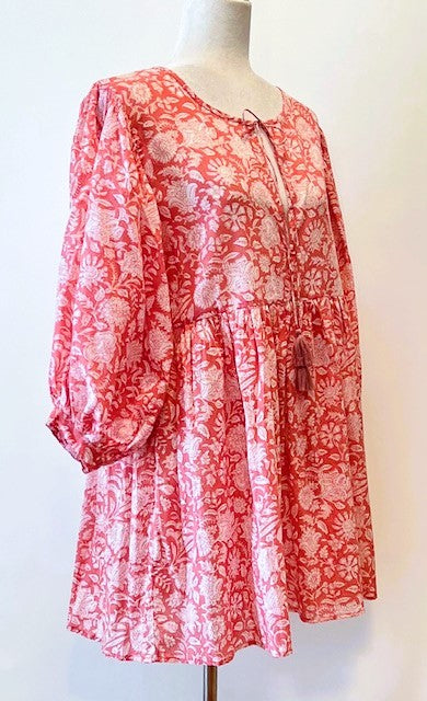 Floral Block Print Cotton Dress Looks Crisp in Shades of Pink and White