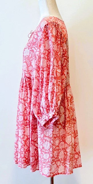 Floral Block Print Cotton Dress Looks Crisp in Shades of Pink and White