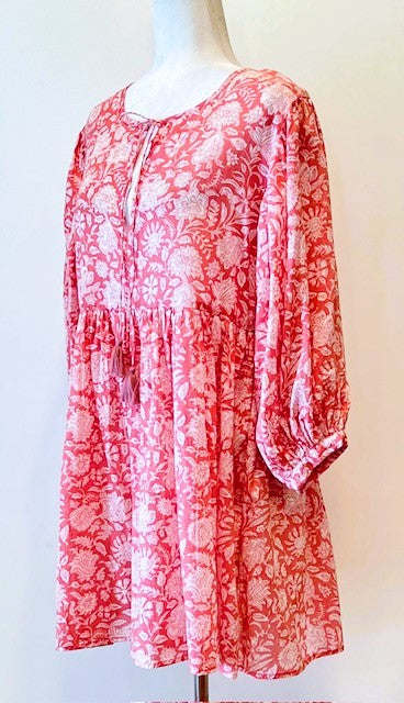 Floral Block Print Cotton Dress Looks Crisp in Shades of Pink and White