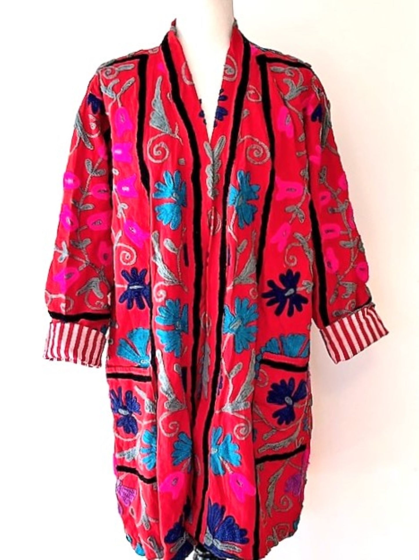 Stroller Length Suzani Kantha Jacket With Red and White Stripe Lining Is Sophisticated