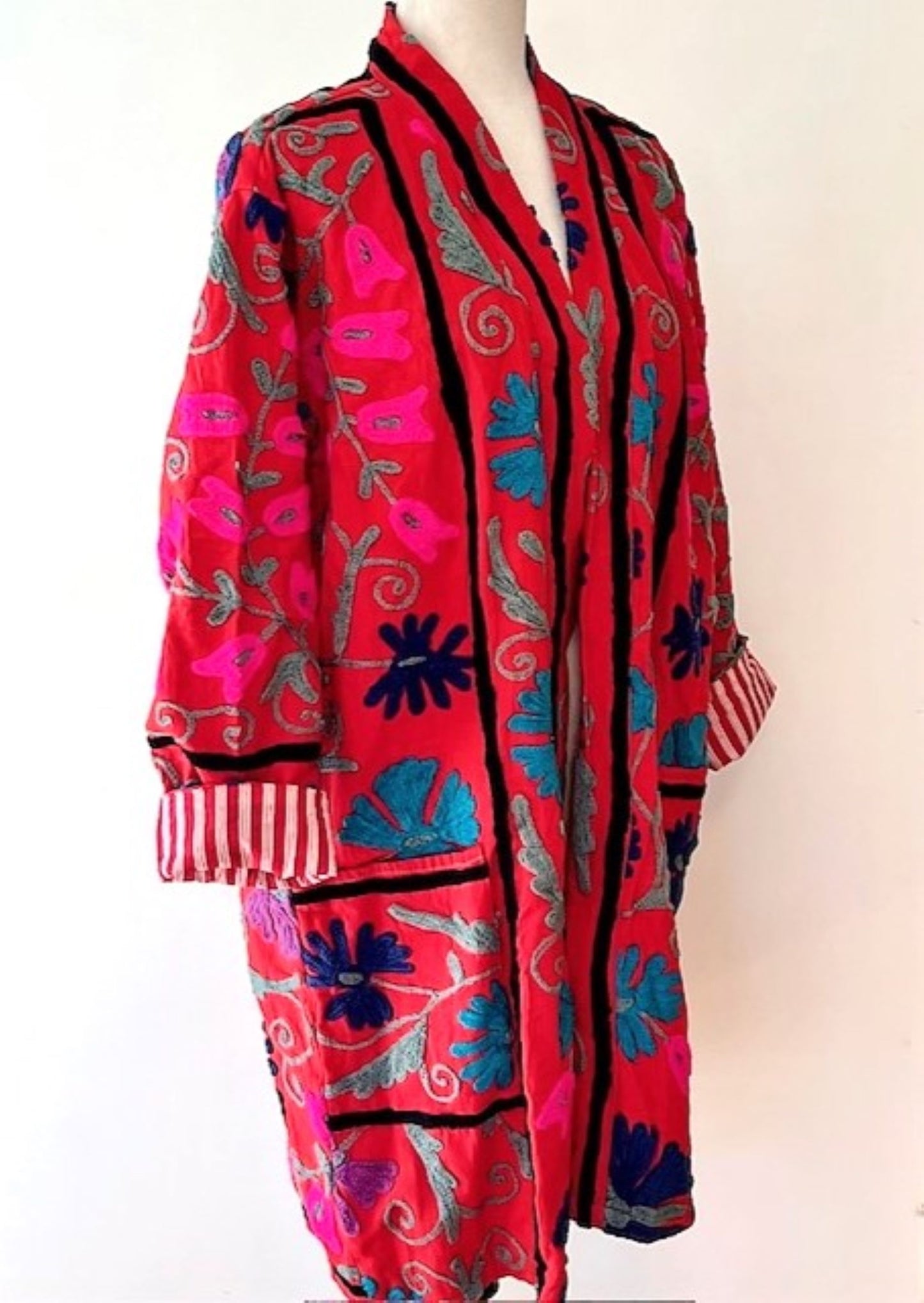 Stroller Length Suzani Kantha Jacket With Red and White Stripe Lining Is Sophisticated