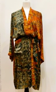 Top of the Line Silk Kimono Duster Mixed Print (Green/Sienna)