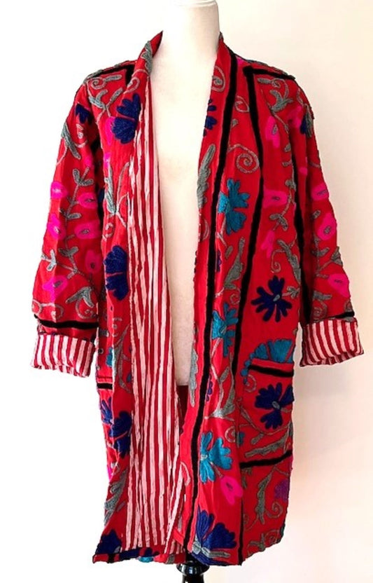 Stroller Length Suzani Kantha Jacket With Red and White Stripe Lining Is Sophisticated