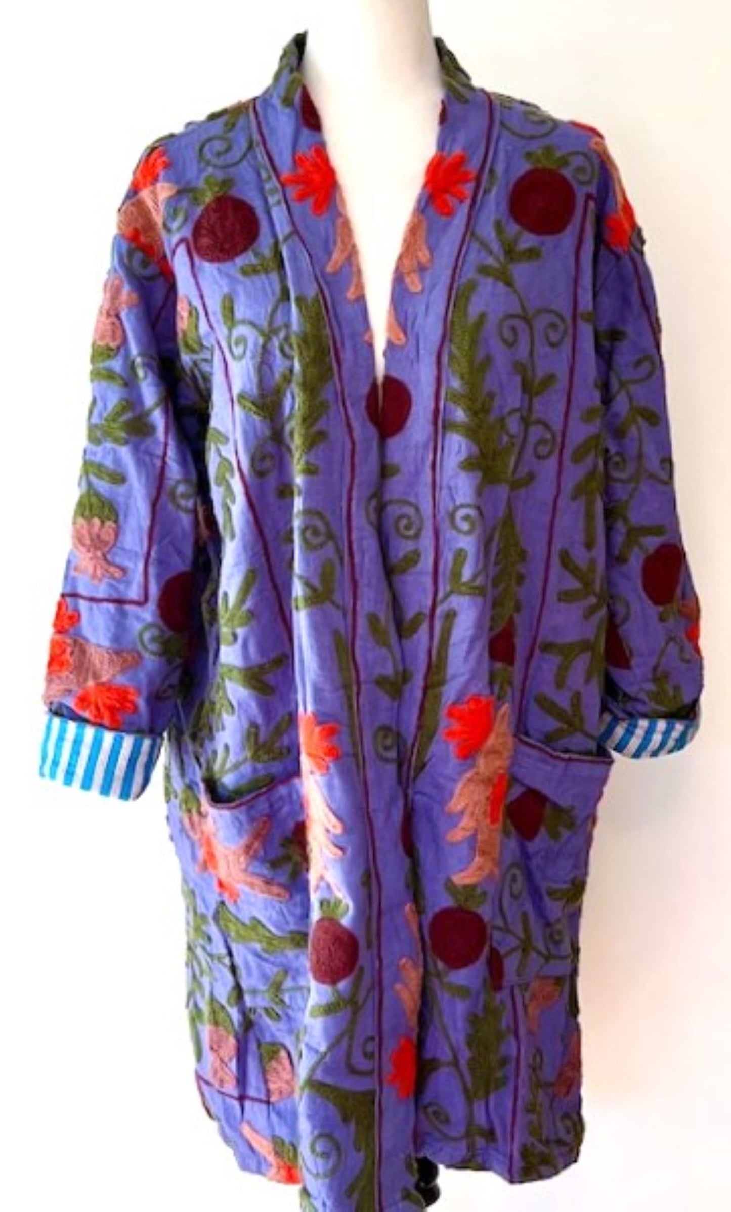 Purple Stroller Length Suzani Kantha Jacket With Blue and White Stripe Lining Is Sophisticated