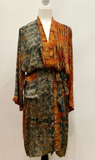 Top of the Line Silk Kimono Duster Mixed Print (Green/Sienna)