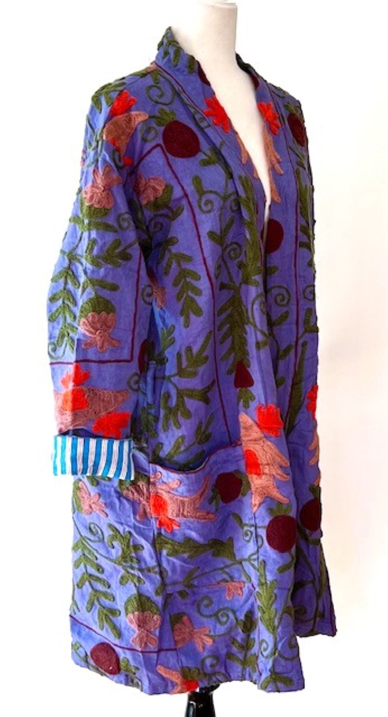 Purple Stroller Length Suzani Kantha Jacket With Blue and White Stripe Lining Is Sophisticated