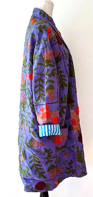 Purple Stroller Length Suzani Kantha Jacket With Blue and White Stripe Lining Is Sophisticated