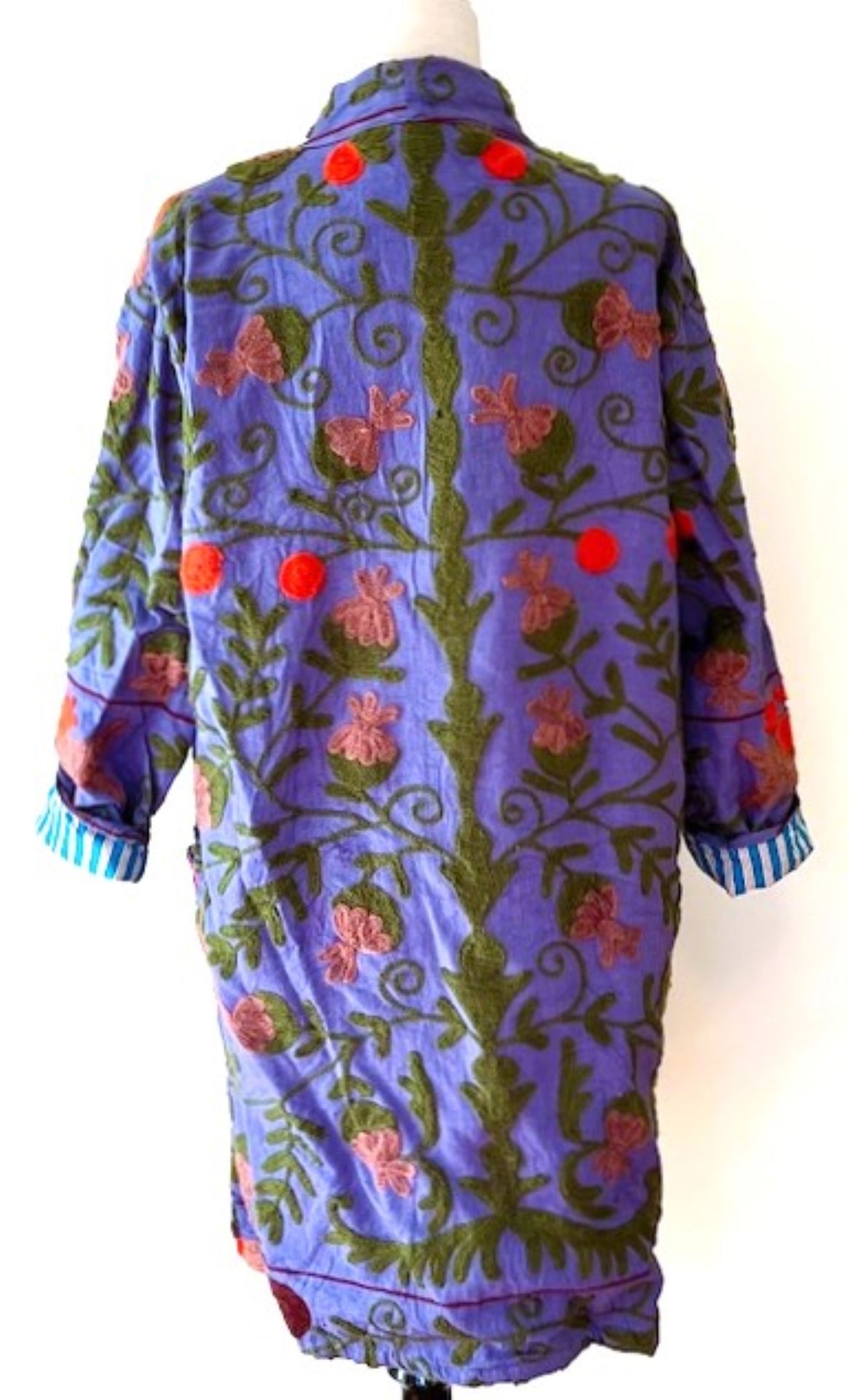 Purple Stroller Length Suzani Kantha Jacket With Blue and White Stripe Lining Is Sophisticated