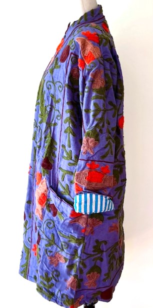 Purple Stroller Length Suzani Kantha Jacket With Blue and White Stripe Lining Is Sophisticated