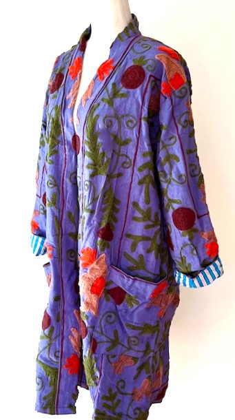 Purple Stroller Length Suzani Kantha Jacket With Blue and White Stripe Lining Is Sophisticated