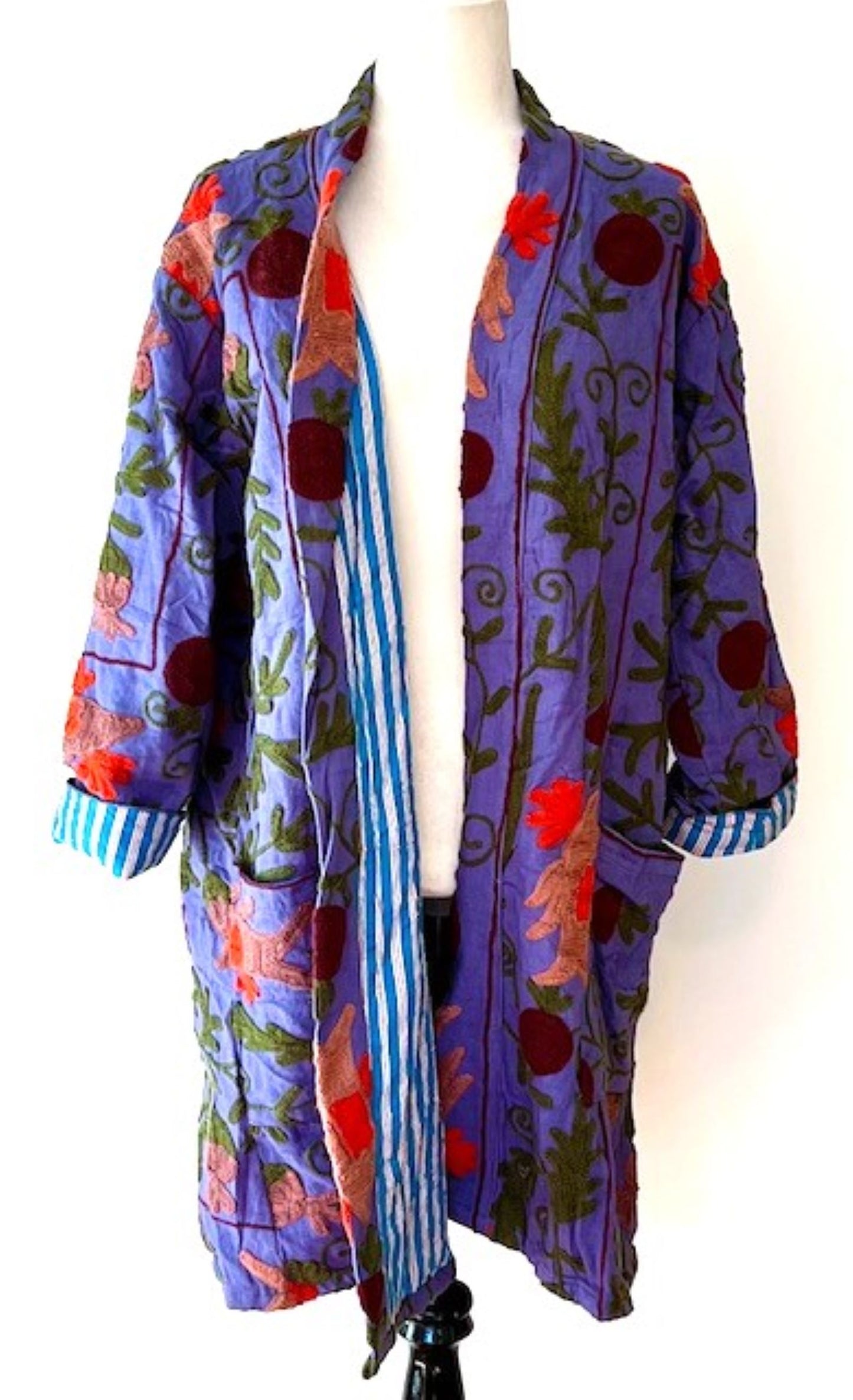 Purple Stroller Length Suzani Kantha Jacket With Blue and White Stripe Lining Is Sophisticated