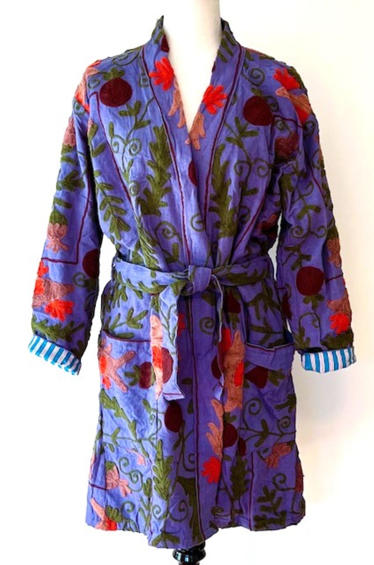 Purple Stroller Length Suzani Kantha Jacket With Blue and White Stripe Lining Is Sophisticated