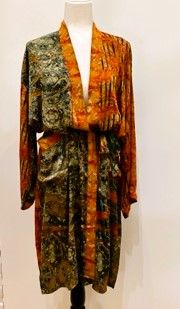 Top of the Line Silk Kimono Duster Mixed Print (Green/Sienna)