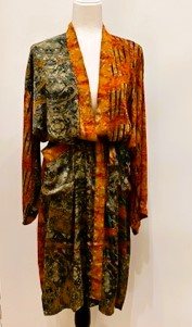 Top of the Line Silk Kimono Duster Mixed Print (Green/Sienna)