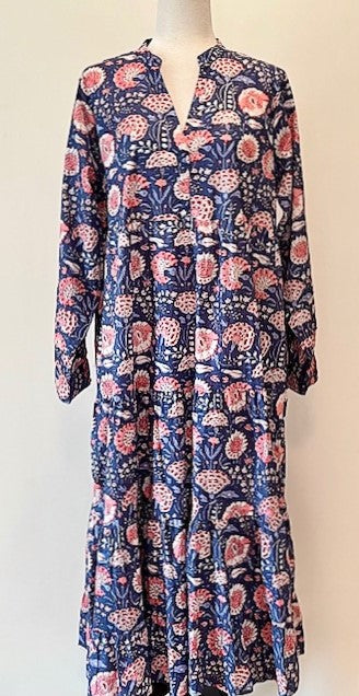 Tiered Flounce Block Print Cotton Dress (Navy and Pink)