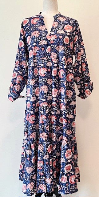 Tiered Flounce Block Print Cotton Dress (Navy and Pink)