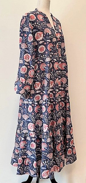 Tiered Flounce Block Print Cotton Dress (Navy and Pink)