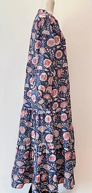 Tiered Flounce Block Print Cotton Dress (Navy and Pink)