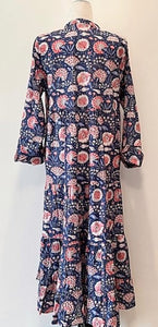 Tiered Flounce Block Print Cotton Dress (Navy and Pink)