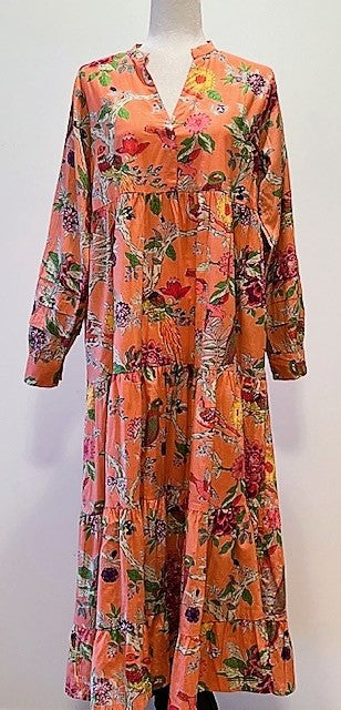 Tiered Flounce Block Print Cotton Dress (Orange)