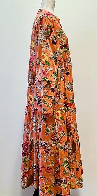 Tiered Flounce Block Print Cotton Dress (Orange)