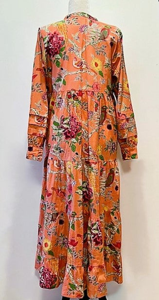 Tiered Flounce Block Print Cotton Dress (Orange)