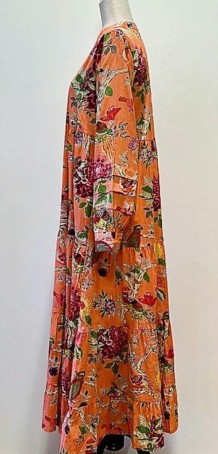 Tiered Flounce Block Print Cotton Dress (Orange)