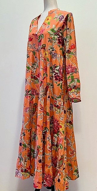 Tiered Flounce Block Print Cotton Dress (Orange)