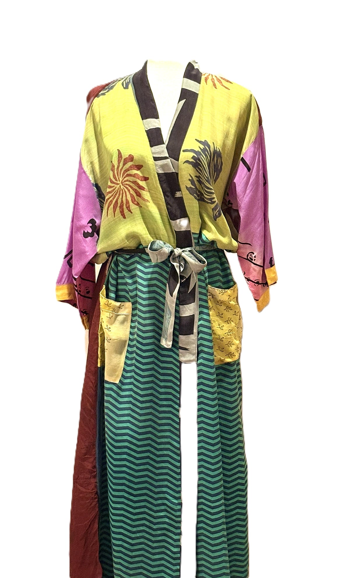 Long Silk Kimono Duster, Dramatic Two Tone And Elegant