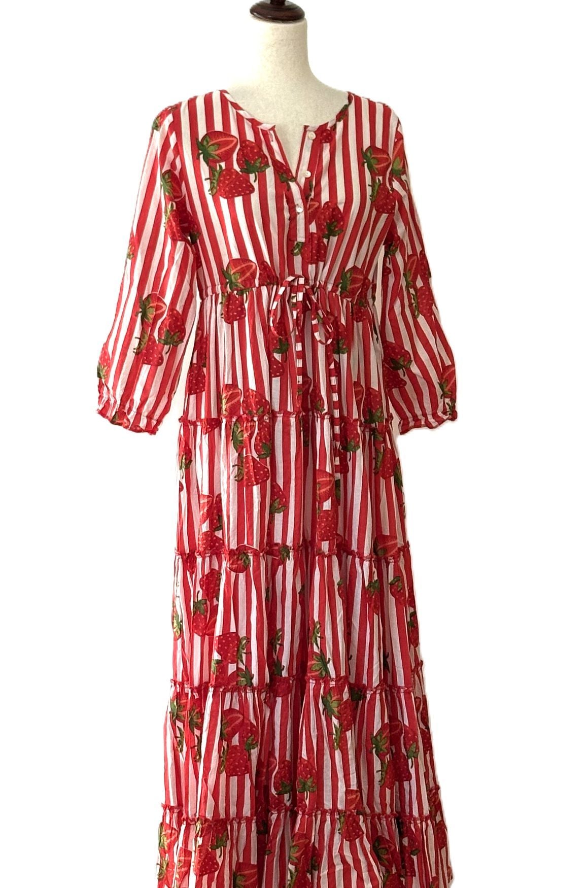 Dresses: Handmade Block Printed Striped Fruit Cotton Tiered Maxi. (Red White)