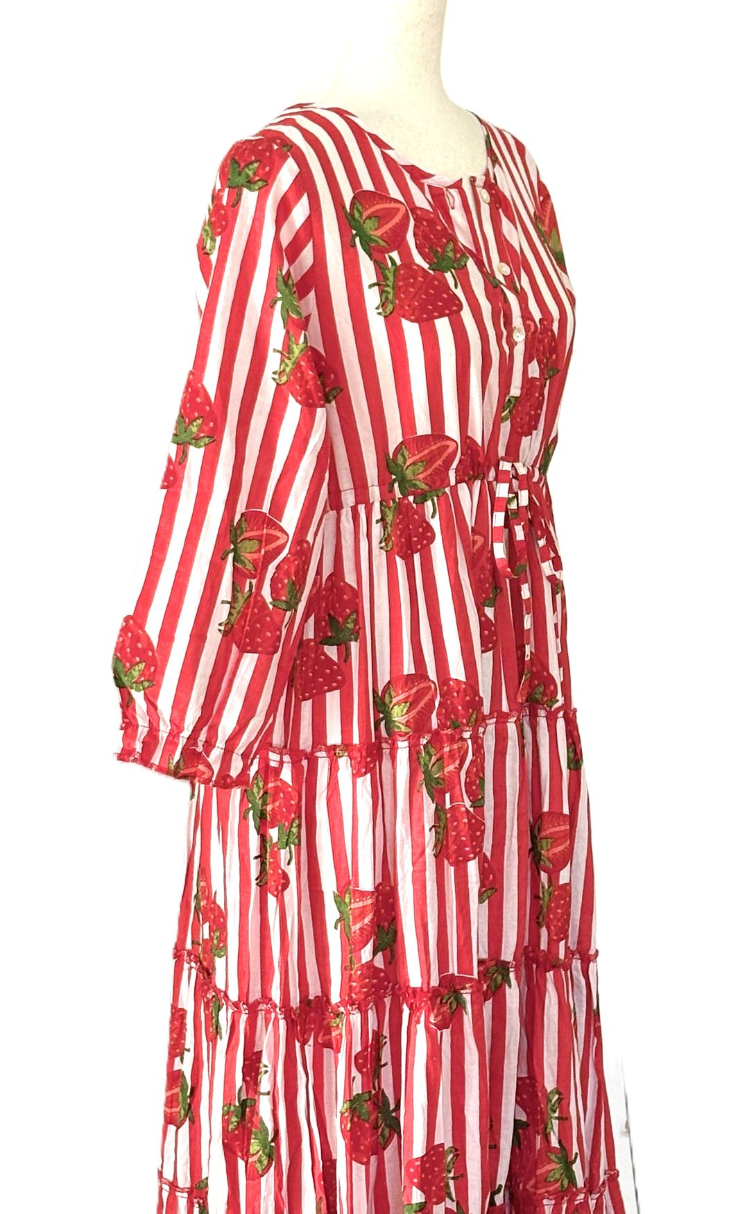 Dresses: Handmade Block Printed Striped Fruit Cotton Tiered Maxi. (Red White)