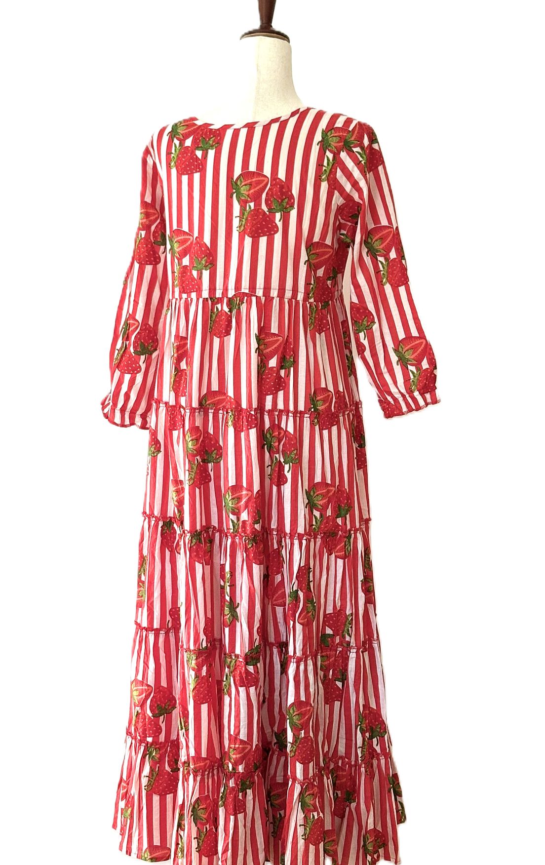 Dresses: Handmade Block Printed Striped Fruit Cotton Tiered Maxi. (Red White)