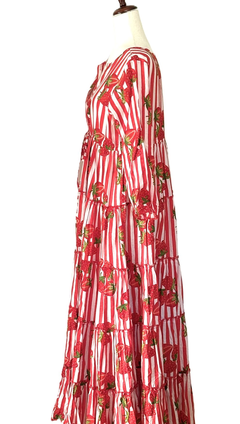 Dresses: Handmade Block Printed Striped Fruit Cotton Tiered Maxi. (Red White)