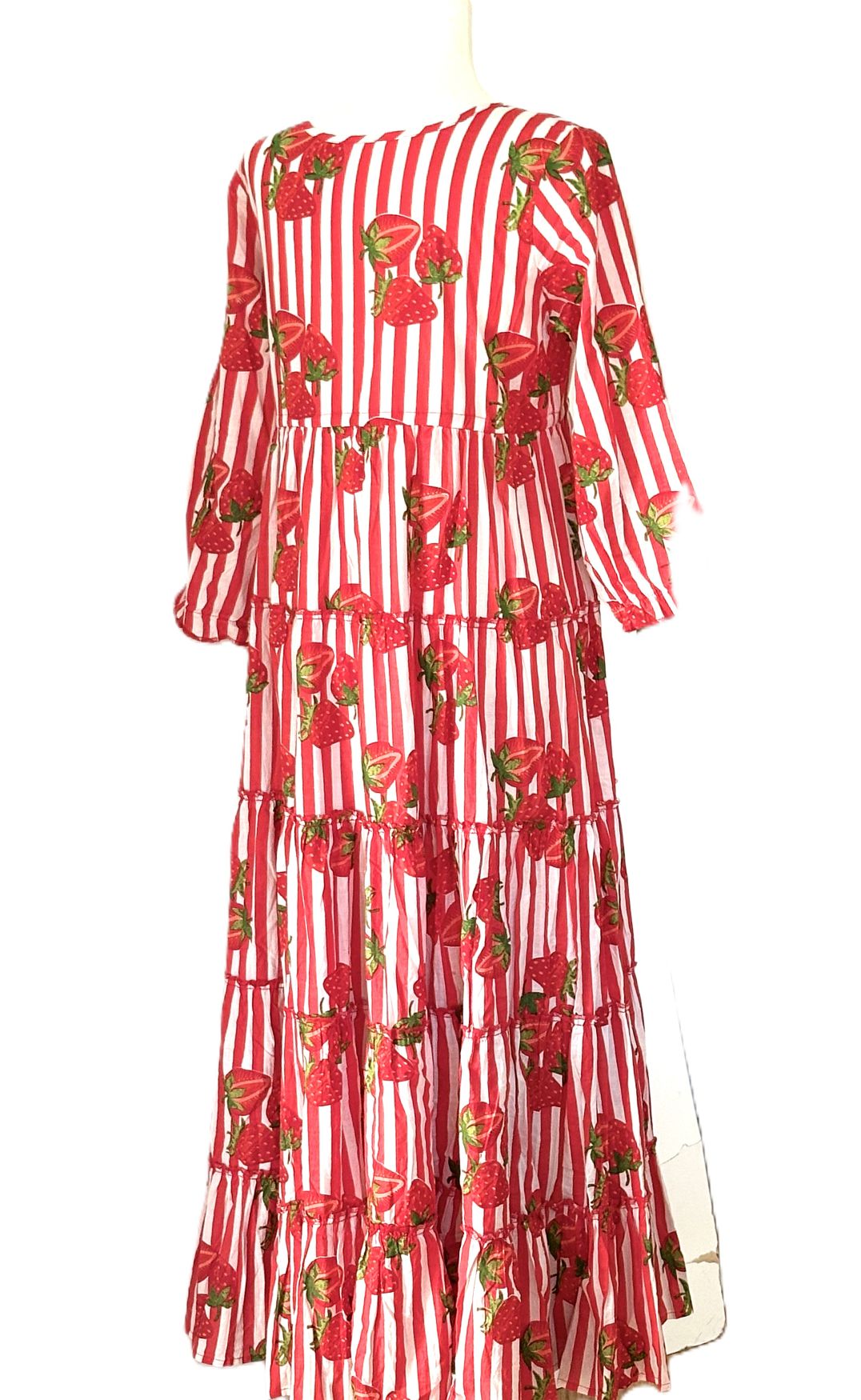 Dresses: Handmade Block Printed Striped Fruit Cotton Tiered Maxi. (Red White)