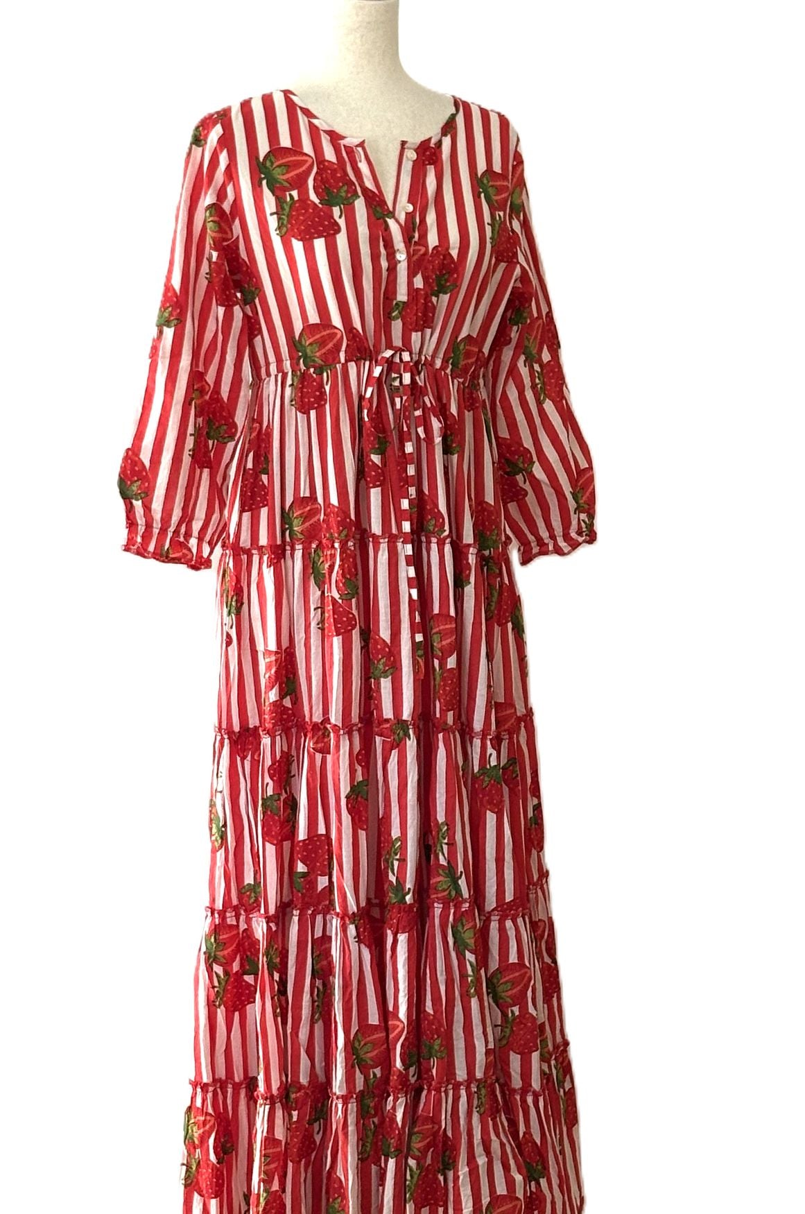 Dresses: Handmade Block Printed Striped Fruit Cotton Tiered Maxi. (Red White)