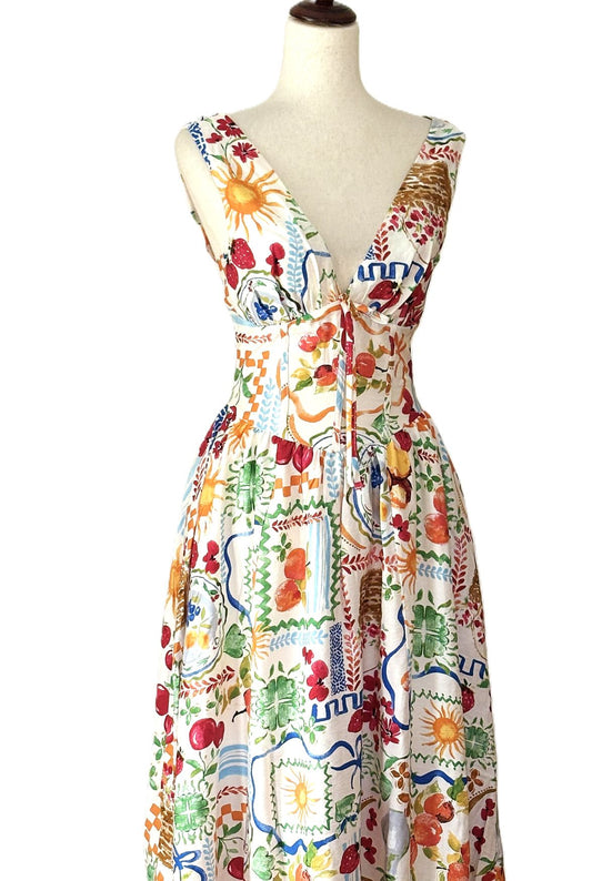 Dresses: Sleeveless Retro Print Corset Midi (Picnic)