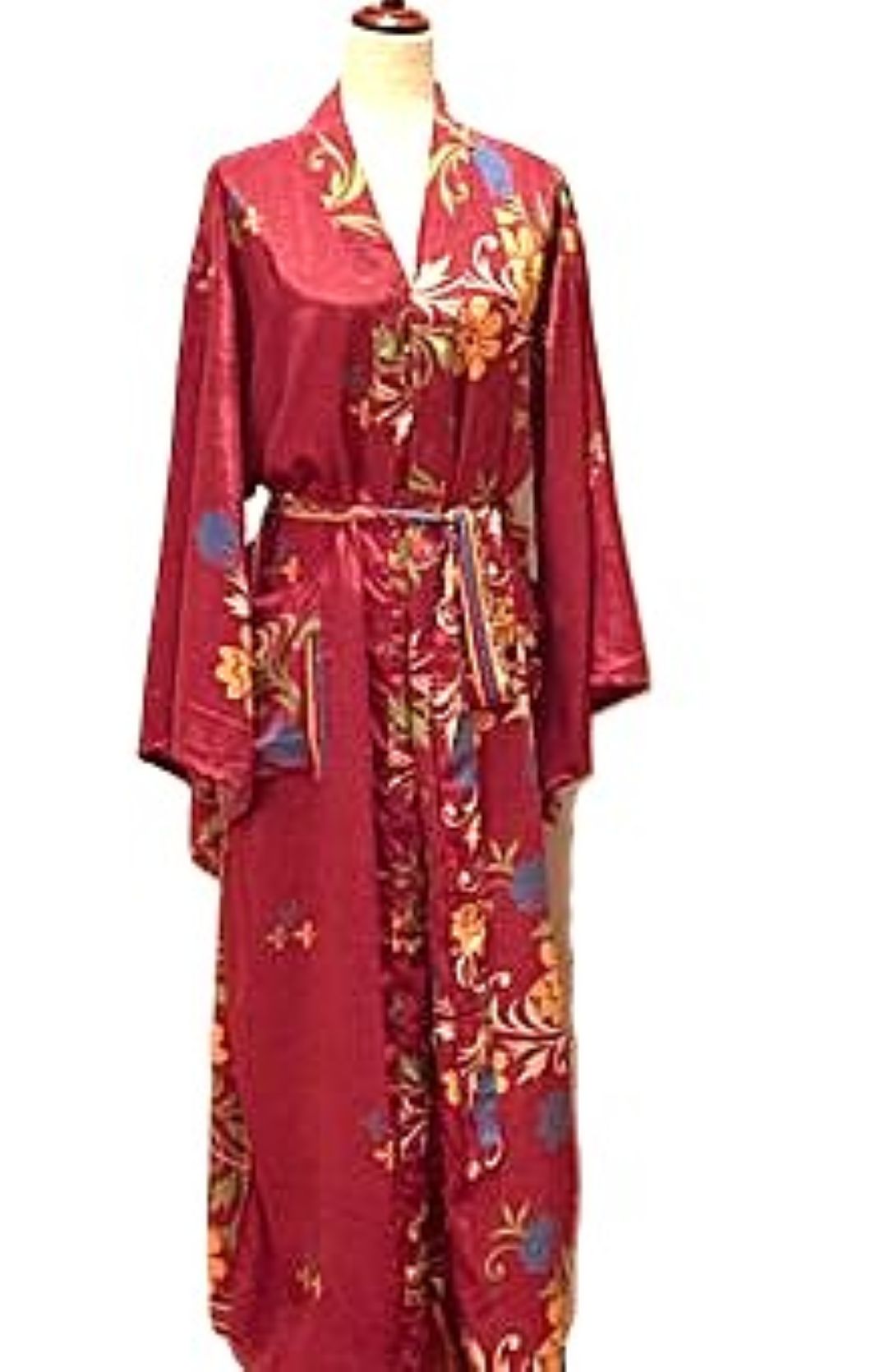 Traditional Long Silk Kimono Duster In A Floral Spray Print. (Wine)
