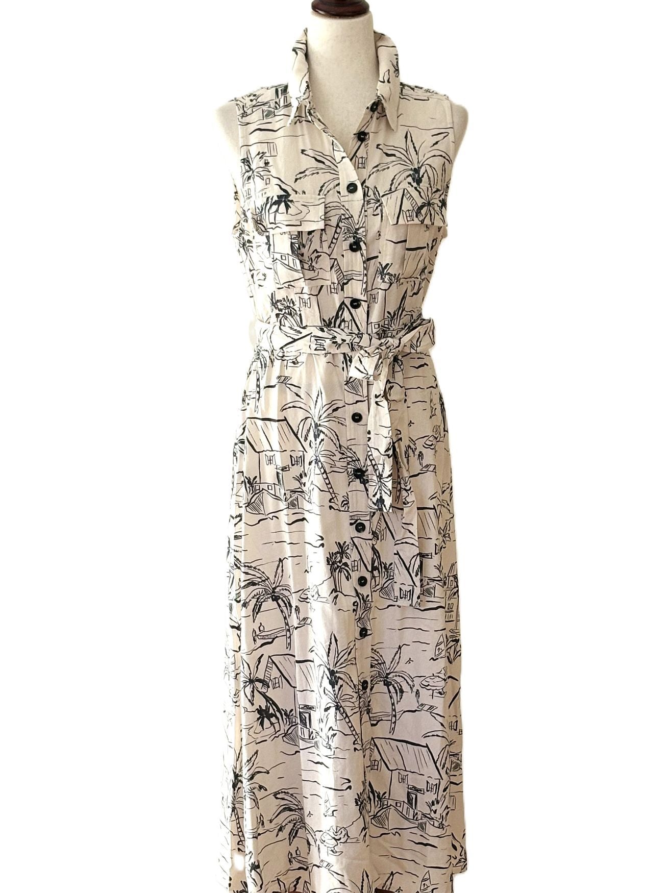 Dresses: Chic Midi Sleeveless Nautical Print Shirtdress (Natural)