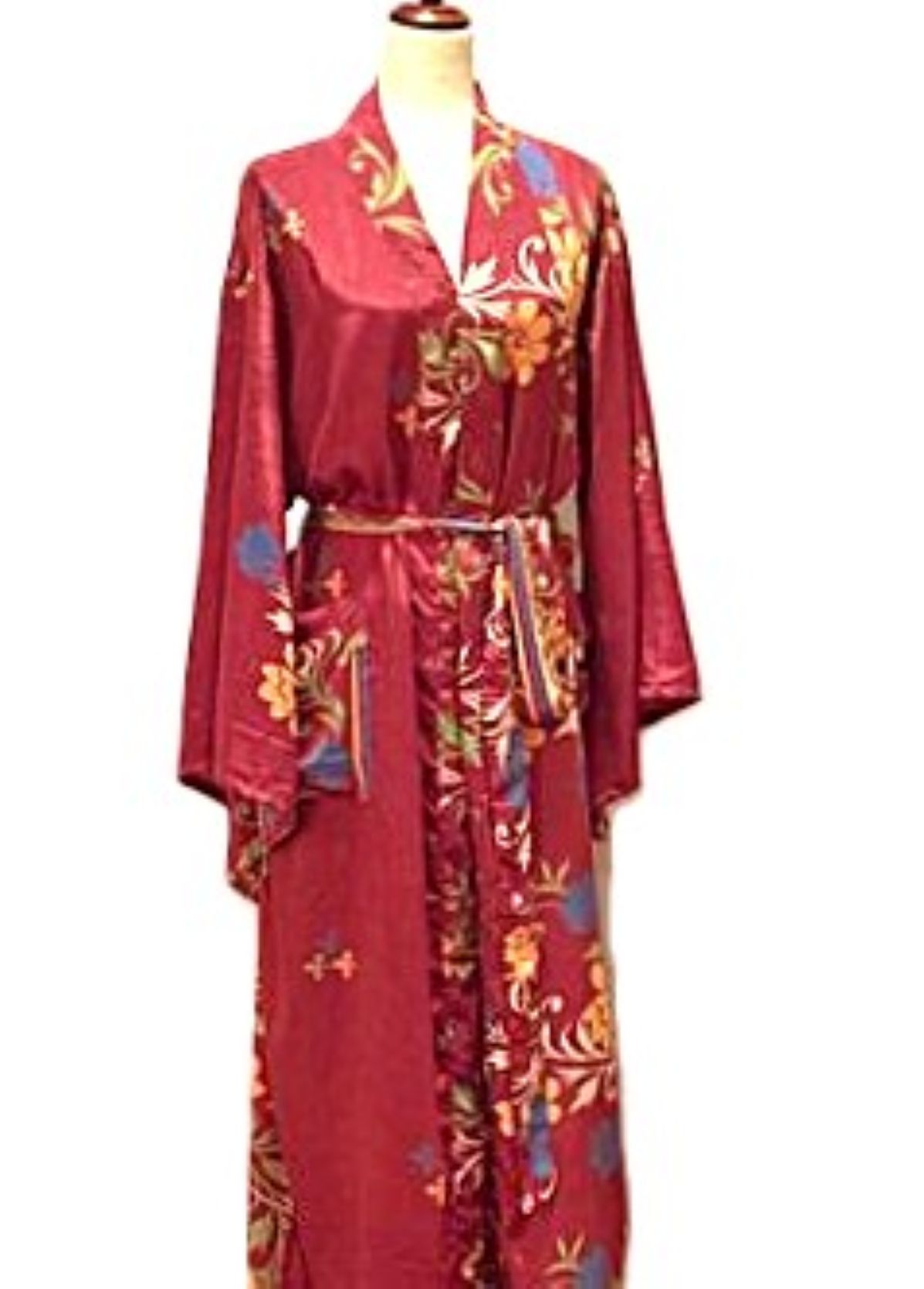Traditional Long Silk Kimono Duster In A Floral Spray Print. (Wine)