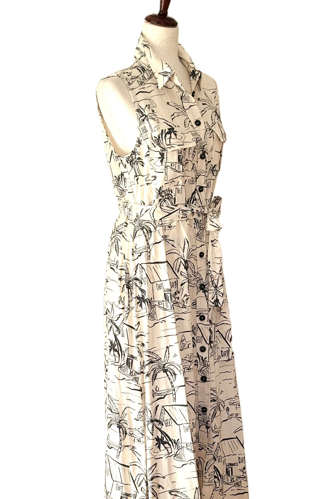 Dresses: Chic Midi Sleeveless Nautical Print Shirtdress (Natural)