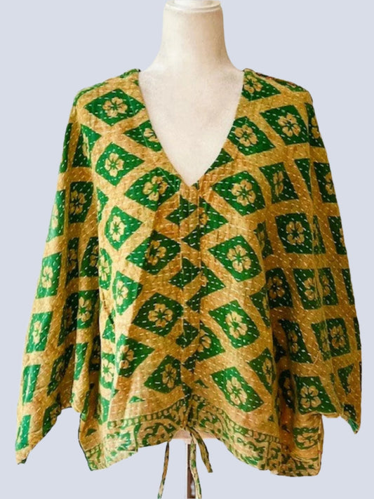 Kantha Bae Cotton Artisan Butterfly Top (Green and Mustard)