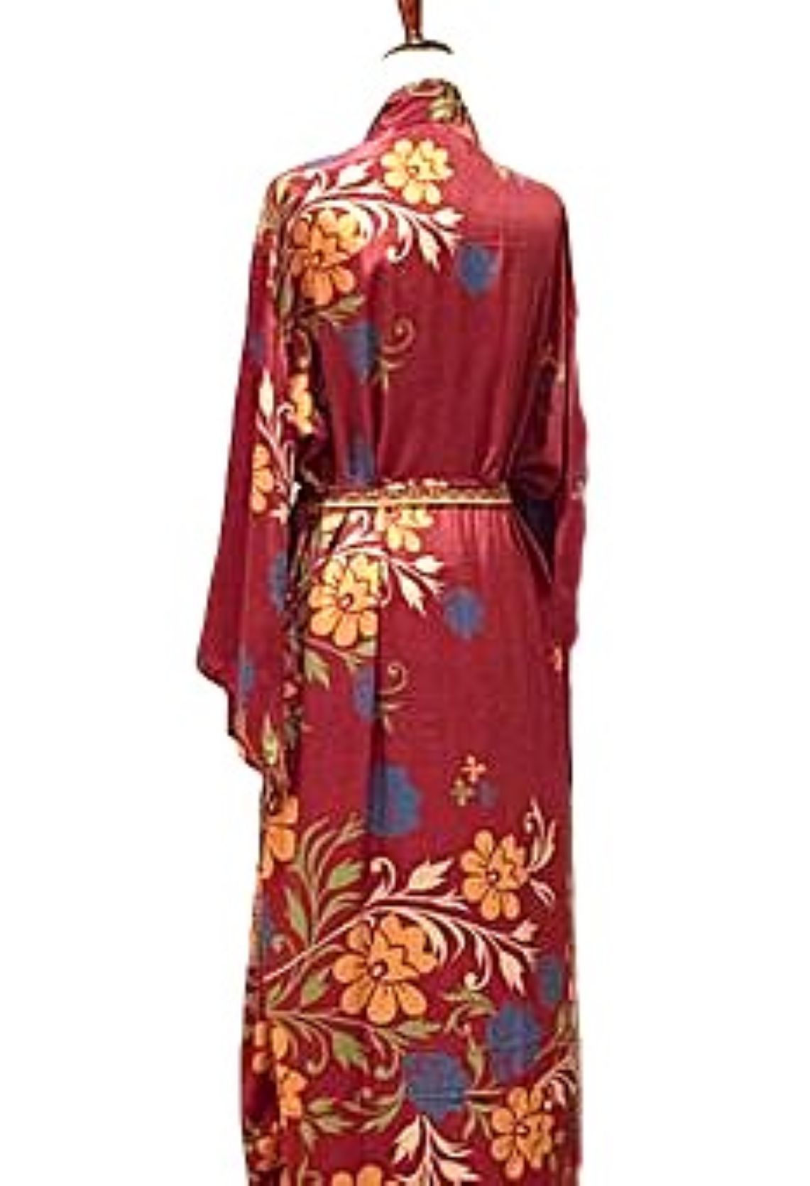 Traditional Long Silk Kimono Duster In A Floral Spray Print. (Wine)