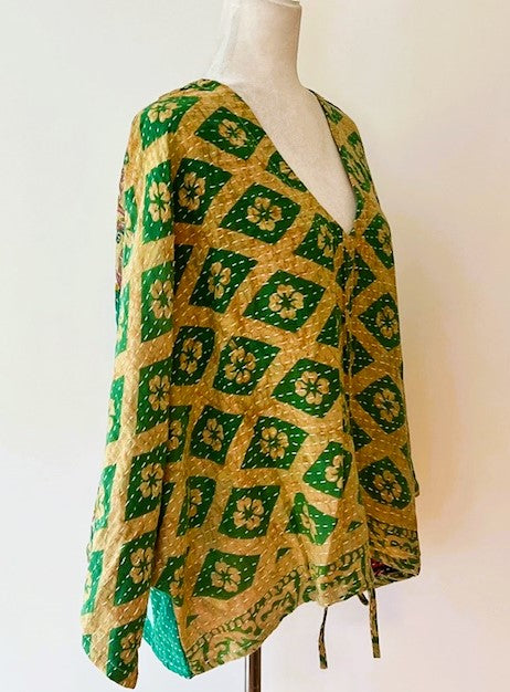 Kantha Bae Cotton Artisan Butterfly Top (Green and Mustard)