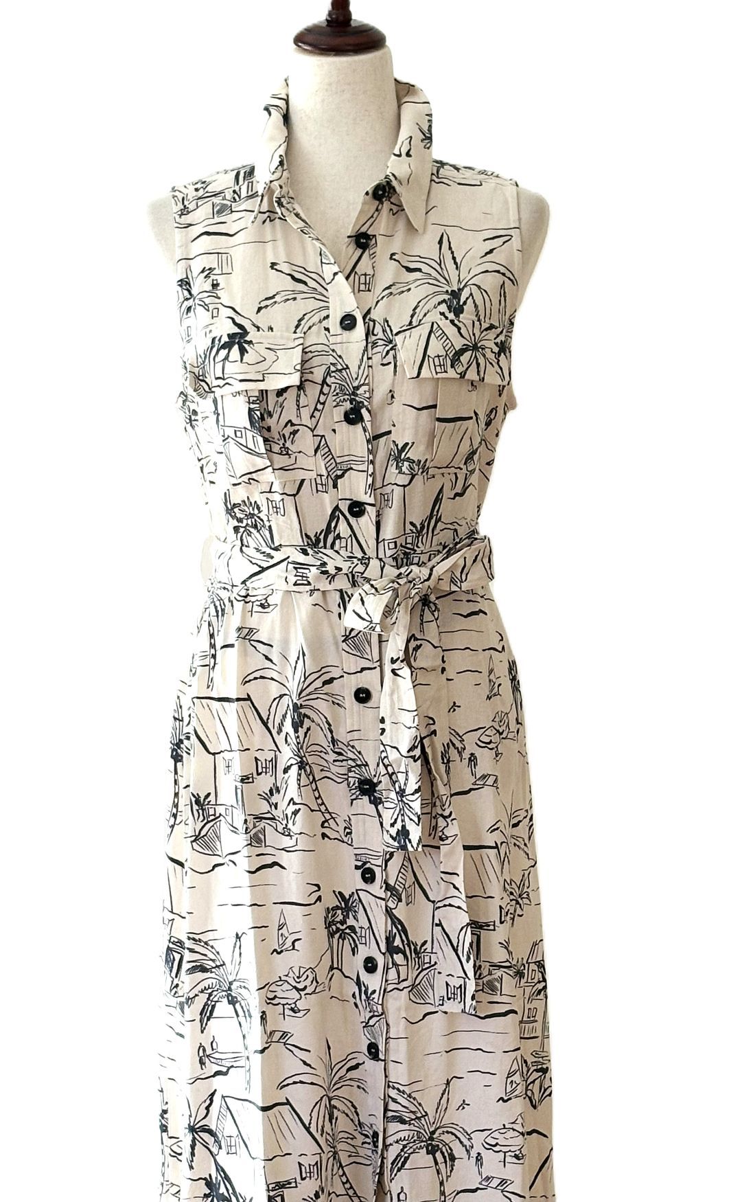 Dresses: Chic Midi Sleeveless Nautical Print Shirtdress (Natural)