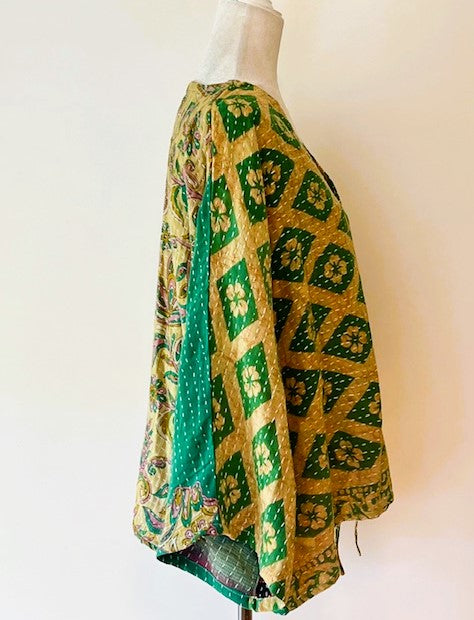 Kantha Bae Cotton Artisan Butterfly Top (Green and Mustard)