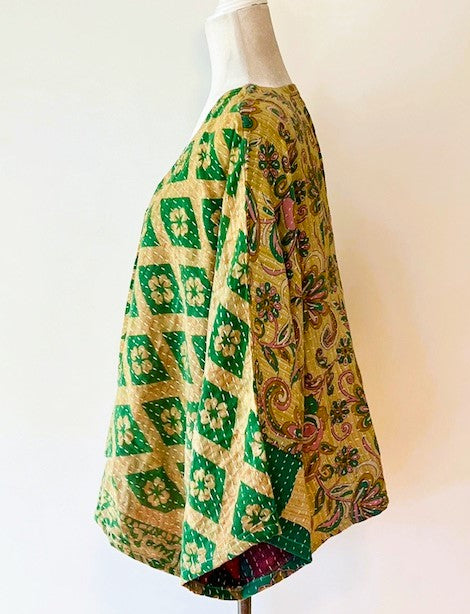 Kantha Bae Cotton Artisan Butterfly Top (Green and Mustard)