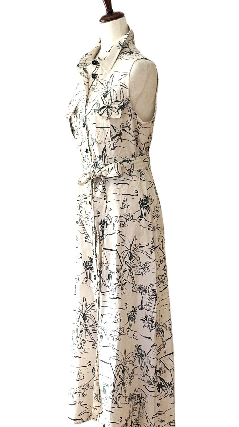 Dresses: Chic Midi Sleeveless Nautical Print Shirtdress (Natural)