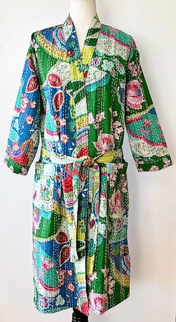 Short Floral Block Print Kantha Kimono Celebrates Nature (Abstract)